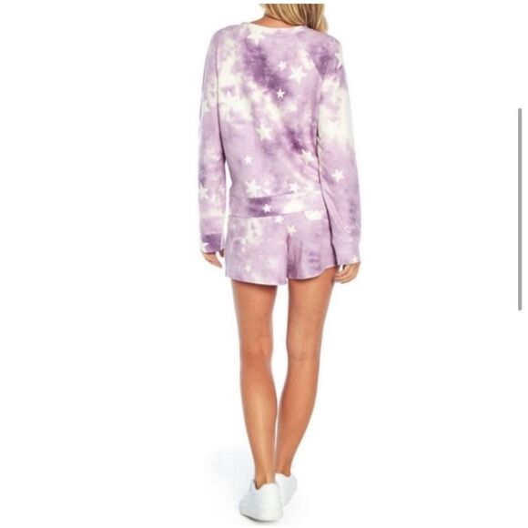Wildfox $160 Lounge Set Sweatshirt & Shorts Purple Tie Dye Stars XL NWT - Picture 5 of 6